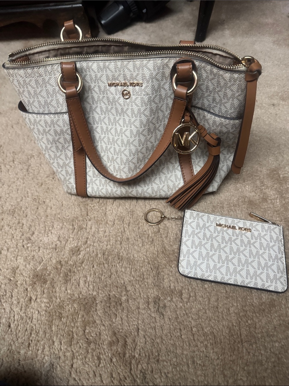 MICHAEL Michael Kors Vanilla Logo Tote with Brown Trim and Tassel Charm